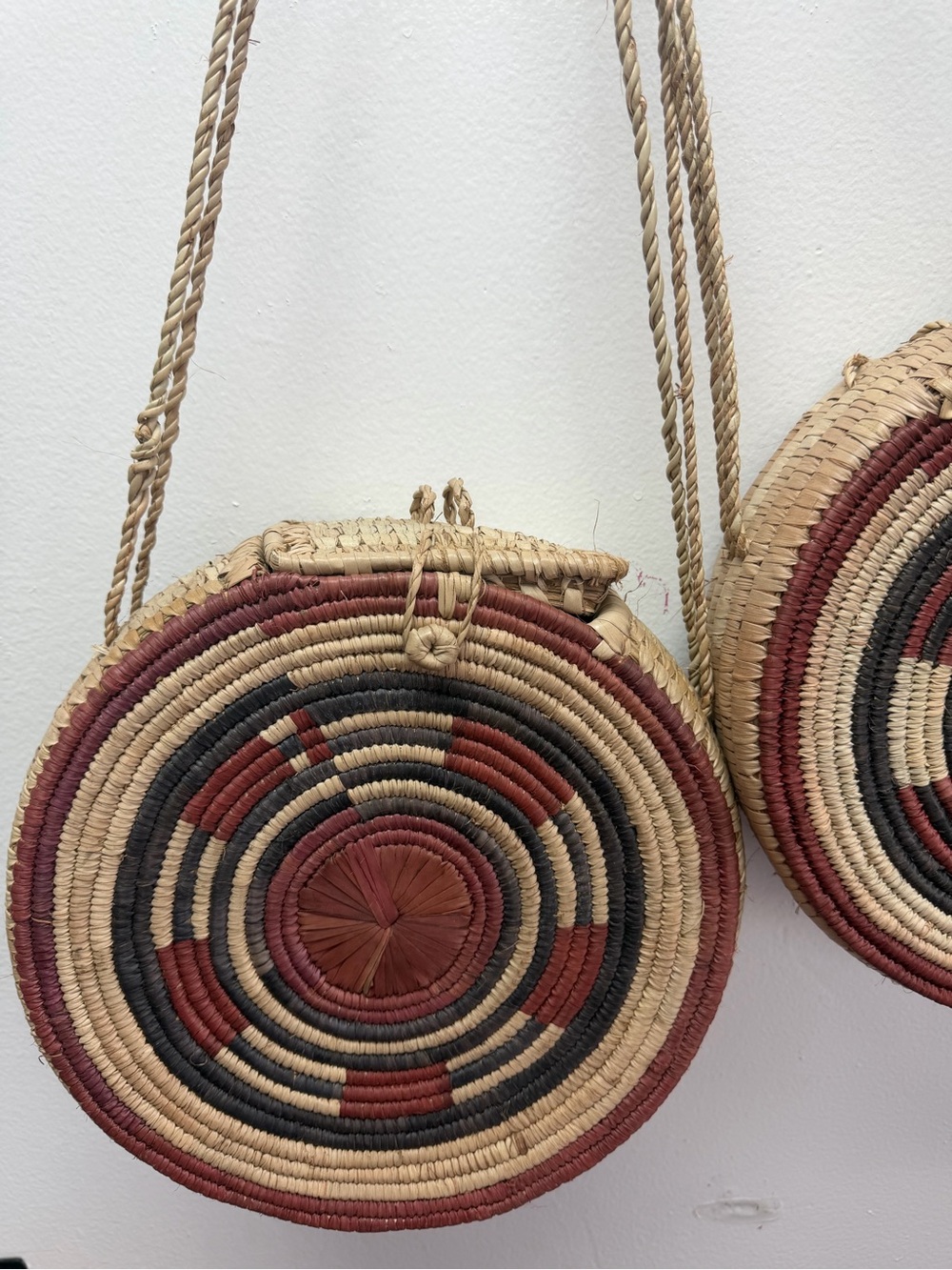 Handwoven Round Straw Crossbody Bag - Natural, Red and Black